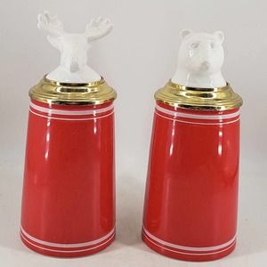 Set of 2 Christmas Mugs Stein Moose Elk Reindeer & Polar Bear Red gold Threshold